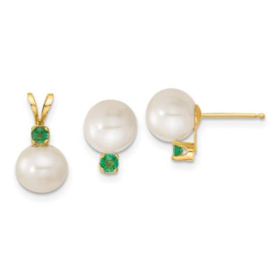 Belk & Co 1/5 ct. t.w. Emerald and 7-8mm White Freshwater Cultured Pearl Stud Earrings and Pendant in 14K Yellow Gold