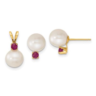 Belk & Co 1/3 ct. t.w. Ruby and 7-8mm White Freshwater Cultured Pearl Stud Earrings and Pendant in 14K Yellow Gold