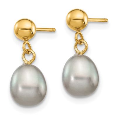 14K Yellow Gold 6-7mm Rice Freshwater Cultured Pearl Dangle Post Earrings