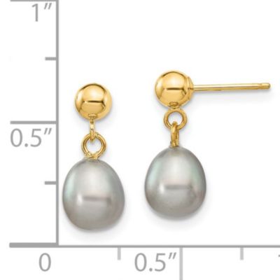 14K Yellow Gold 6-7mm Rice Freshwater Cultured Pearl Dangle Post Earrings