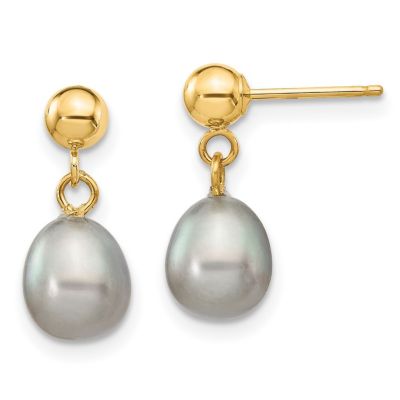 14K Yellow Gold 6-7mm Rice Freshwater Cultured Pearl Dangle Post Earrings