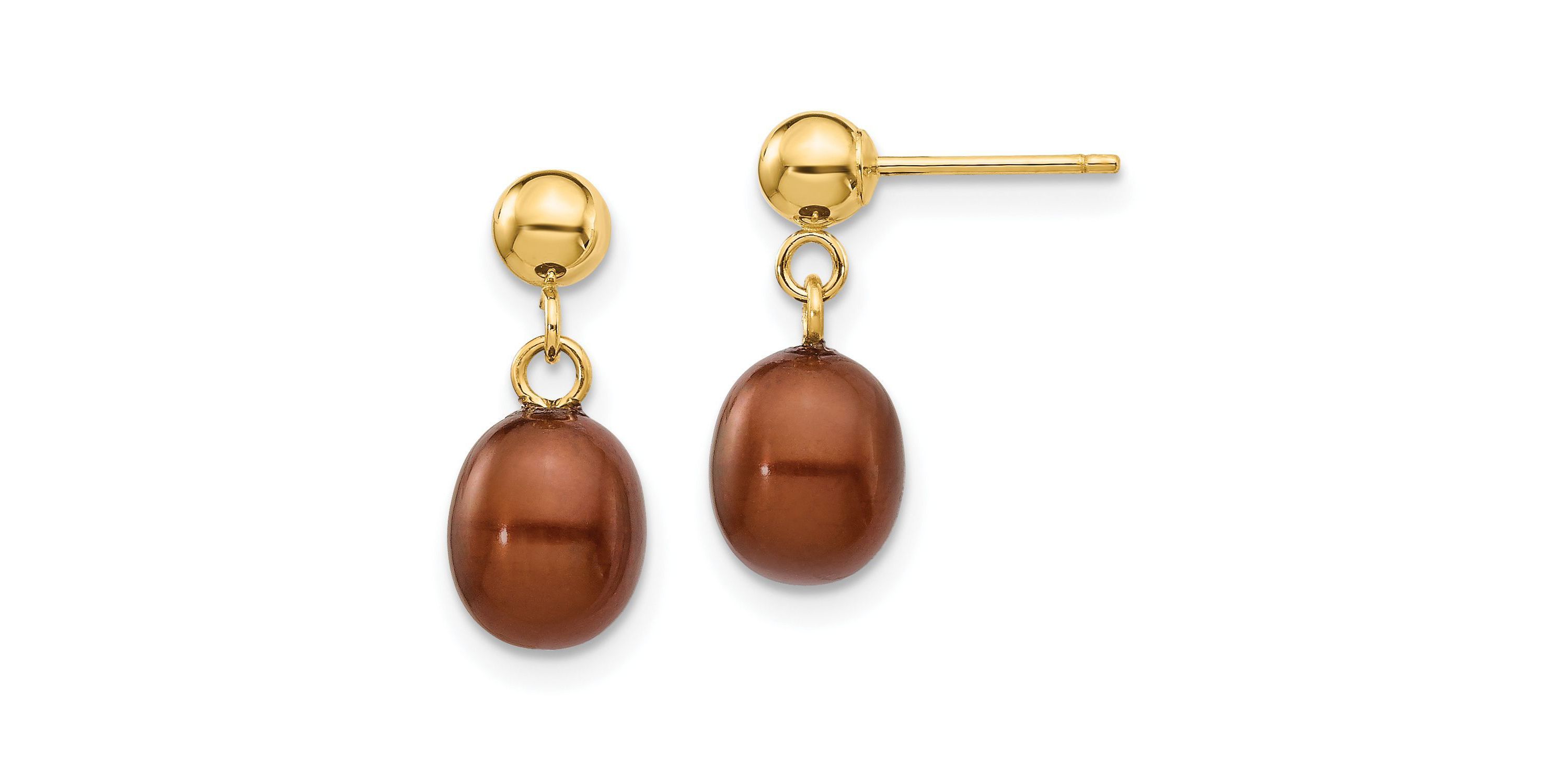 14K Yellow Gold 6-7mm Brown Rice Freshwater Cultured Pearl Dangle Post Earrings
