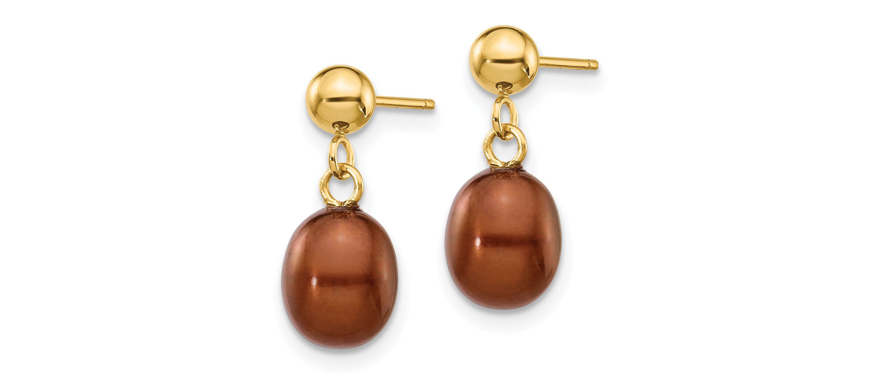 14K Yellow Gold 6-7mm Brown Rice Freshwater Cultured Pearl Dangle Post Earrings