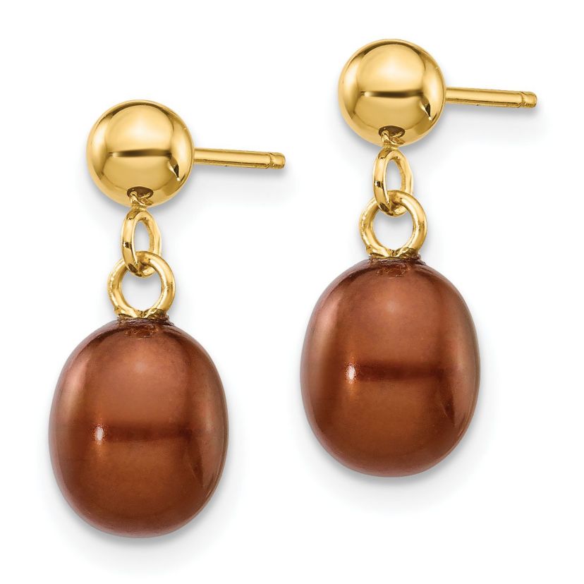 14K Yellow Gold 6-7mm Brown Rice Freshwater Cultured Pearl Dangle Post Earrings