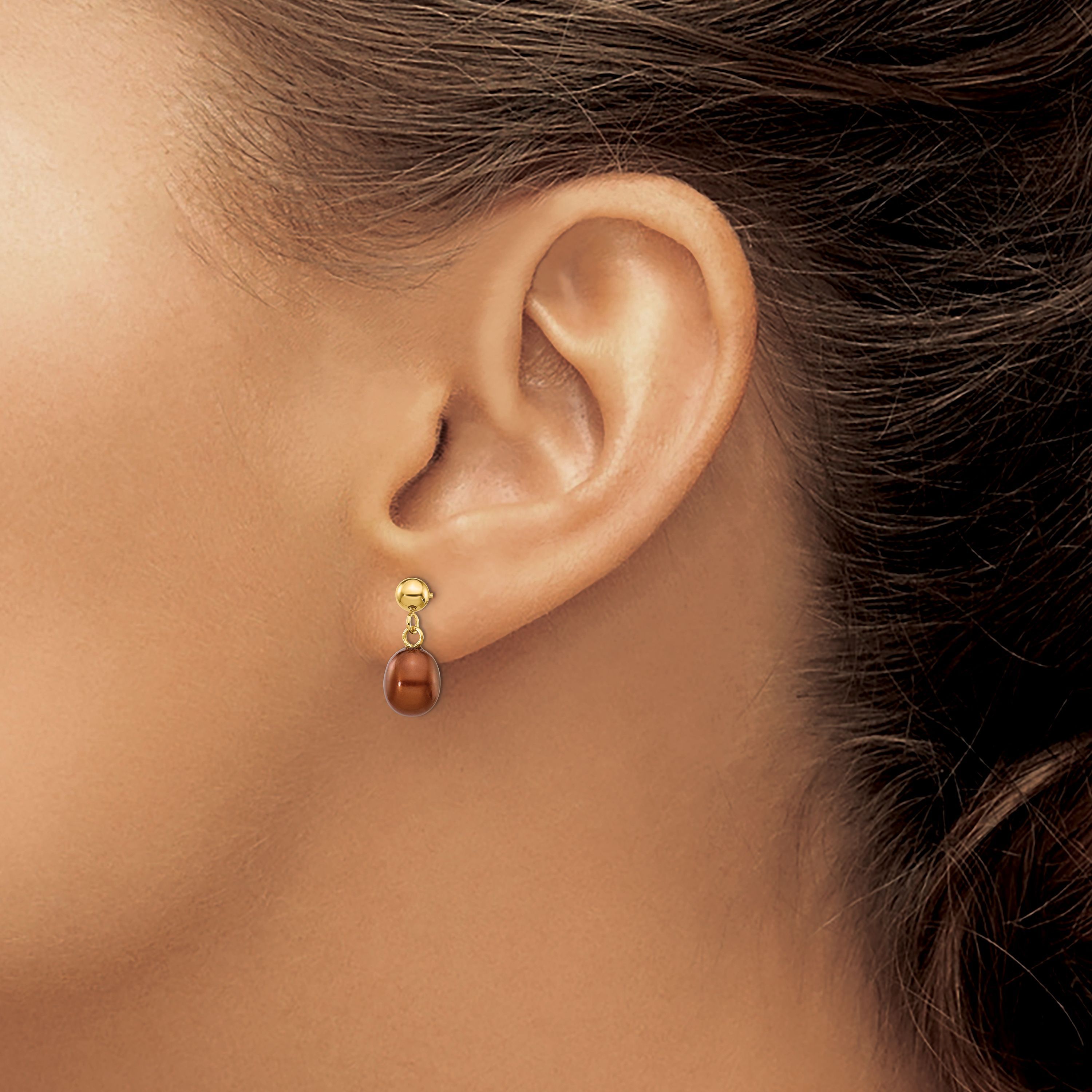 14K Yellow Gold 6-7mm Brown Rice Freshwater Cultured Pearl Dangle Post Earrings