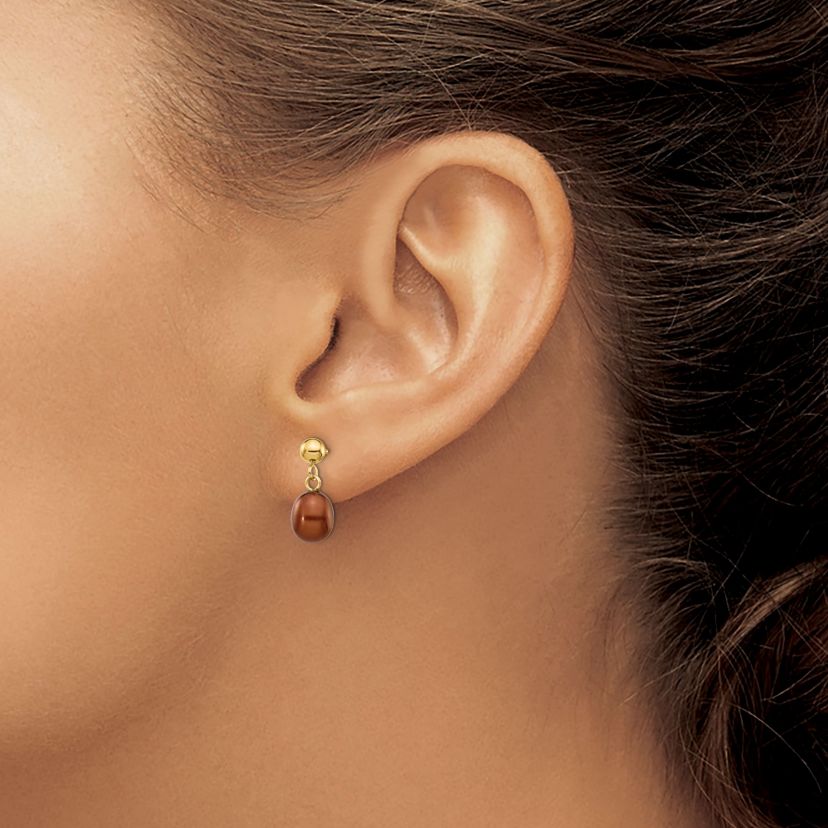 14K Yellow Gold 6-7mm Brown Rice Freshwater Cultured Pearl Dangle Post Earrings