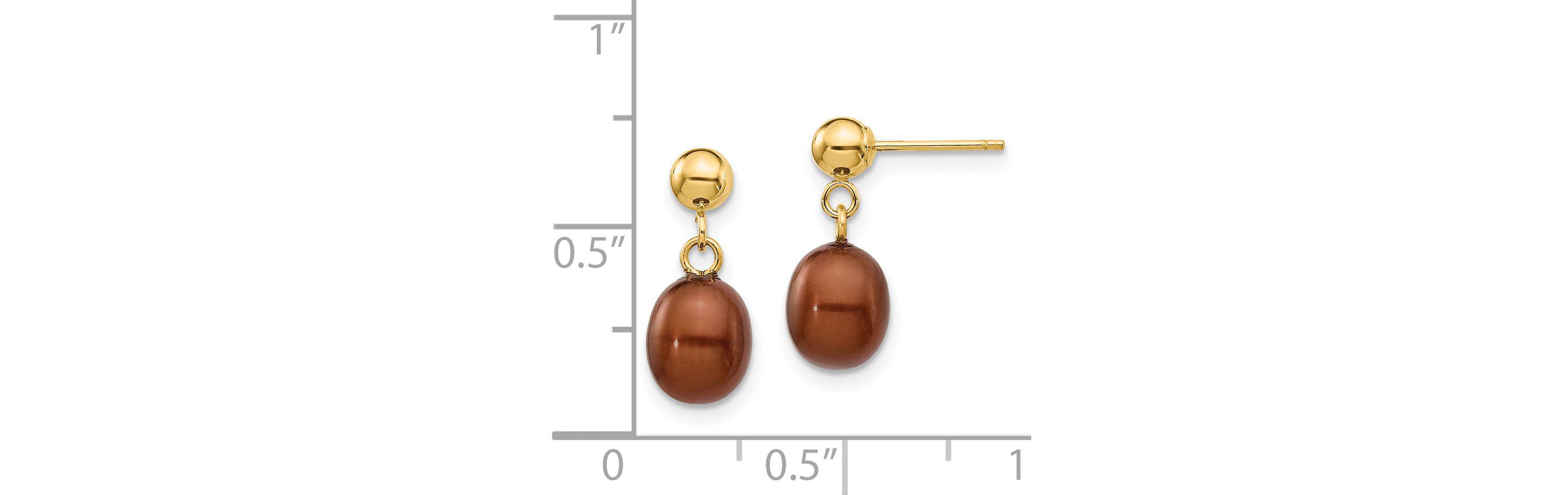 14K Yellow Gold 6-7mm Brown Rice Freshwater Cultured Pearl Dangle Post Earrings