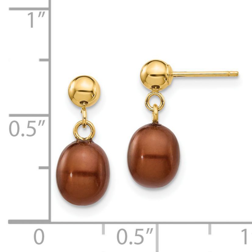 14K Yellow Gold 6-7mm Brown Rice Freshwater Cultured Pearl Dangle Post Earrings