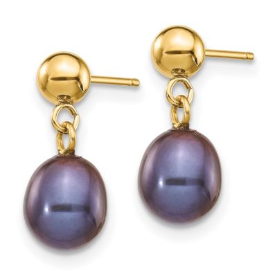 14K Yellow Gold 6-7mm Rice Freshwater Cultured Pearl Dangle Post Earrings