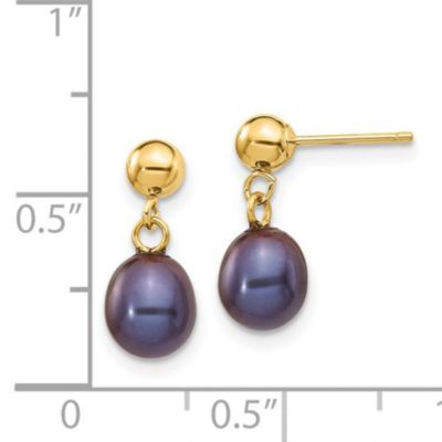 14K Yellow Gold 6-7mm Rice Freshwater Cultured Pearl Dangle Post Earrings