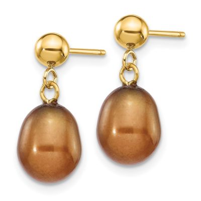 14K Yellow Gold 7-8mm Rice Freshwater Cultured Pearl Dangle Post Earrings