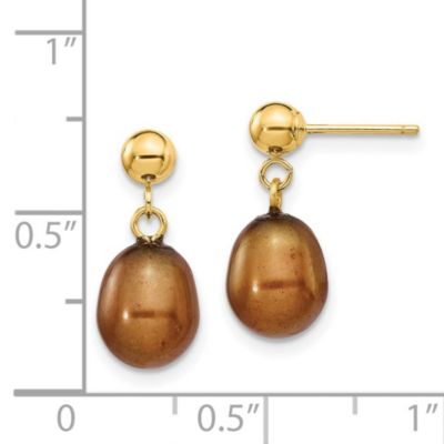 14K Yellow Gold 7-8mm Rice Freshwater Cultured Pearl Dangle Post Earrings