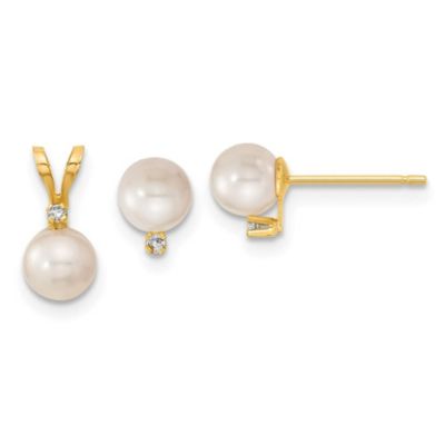 Belk & Co 0.03 ct. t.w. Diamonds and 5-6mm Saltwater Akoya Cultured Pearl Earring and Pendant Set in 14K Yellow Gold