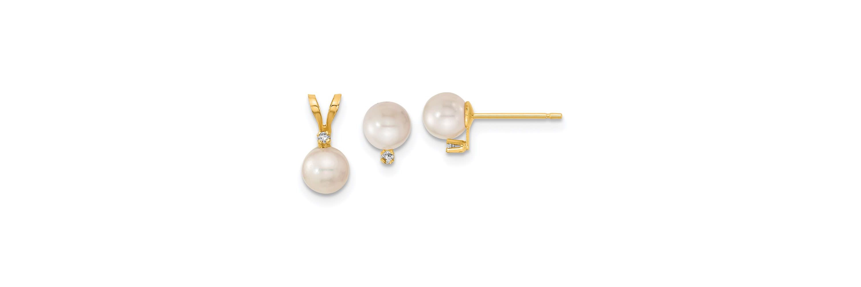 0.03 ct. t.w. Diamonds and 5-6mm Saltwater Akoya Cultured Pearl Earring and Pendant Set in 14K Yellow Gold