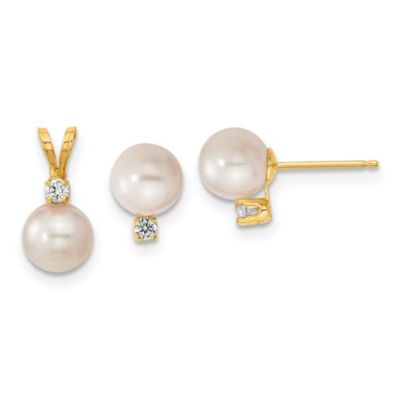 Belk & Co 1/10 ct. t.w. Diamonds and 6-7mm Saltwater Akoya Cultured Pearl Earrings and Pendant Set in 14K Yellow Gold