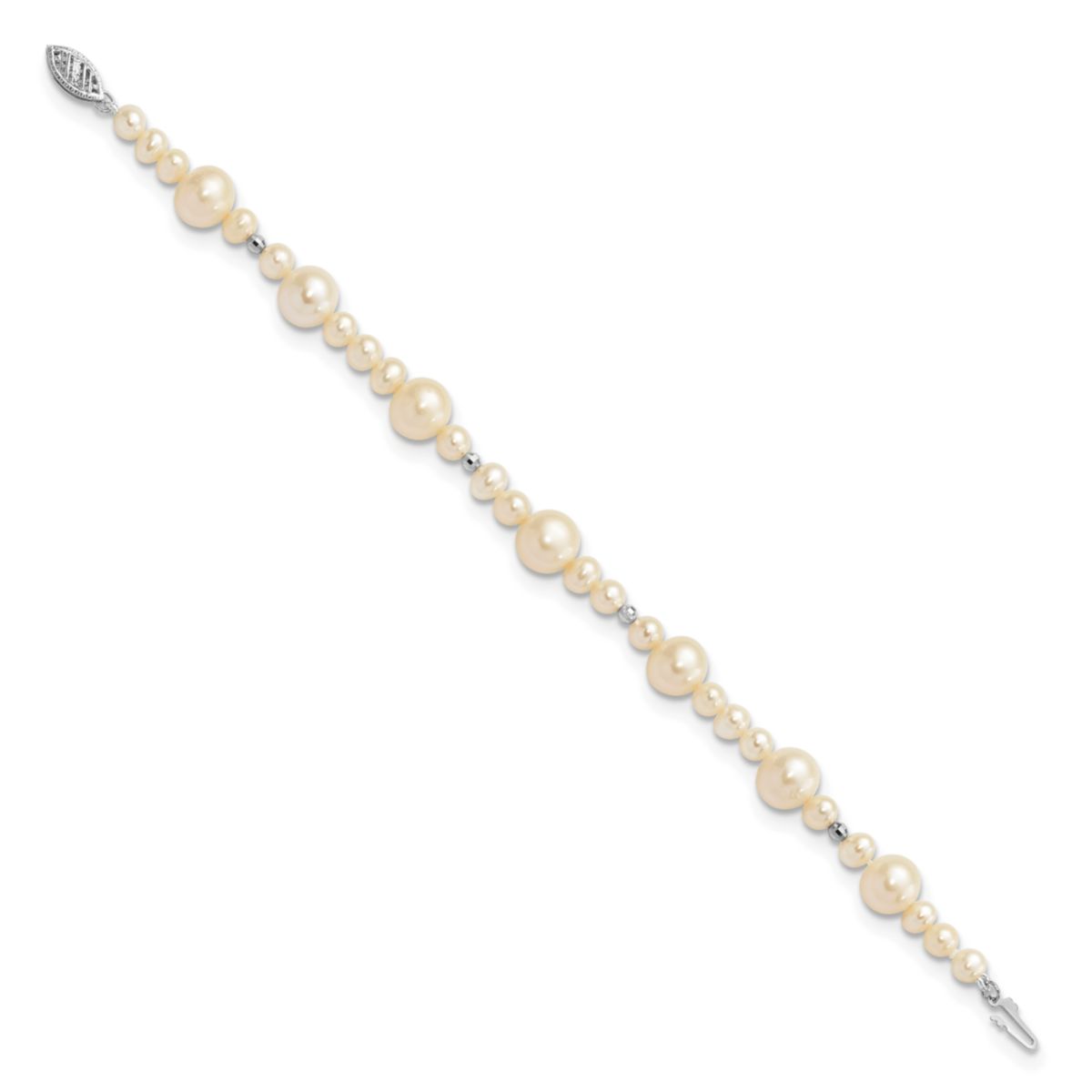 14K White Gold 5-9mm White Near Round Freshwater Cultured Pearl Bead Bracelet