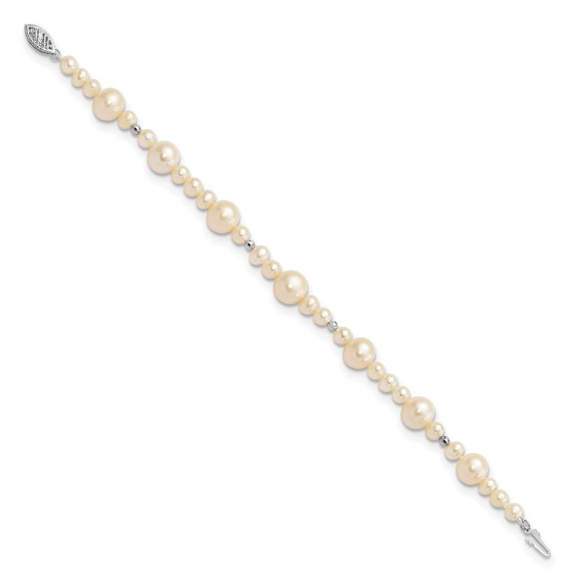 14K White Gold 5-9mm White Near Round Freshwater Cultured Pearl Bead Bracelet