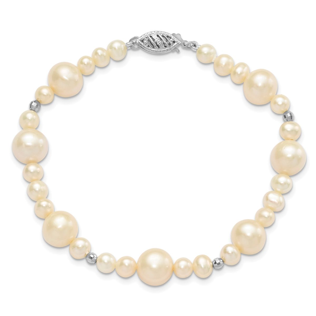 14K White Gold 5-9mm White Near Round Freshwater Cultured Pearl Bead Bracelet