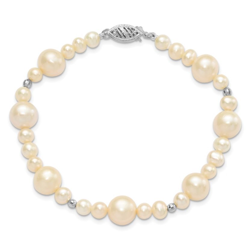 14K White Gold 5-9mm White Near Round Freshwater Cultured Pearl Bead Bracelet