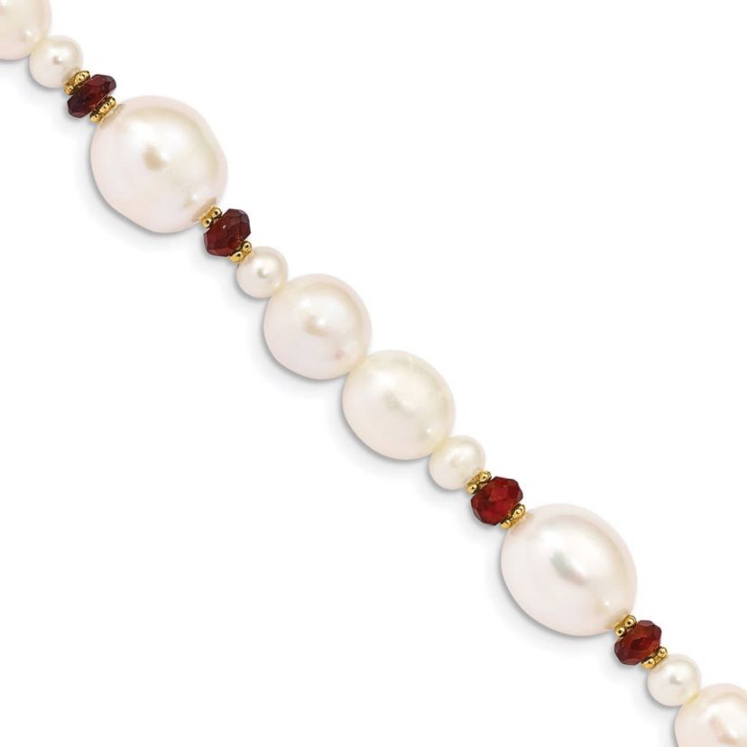 4 ct. t.w. Garnet and White Freshwater Cultured Pearl Faceted Bead Bracelet in 14K Yellow Gold