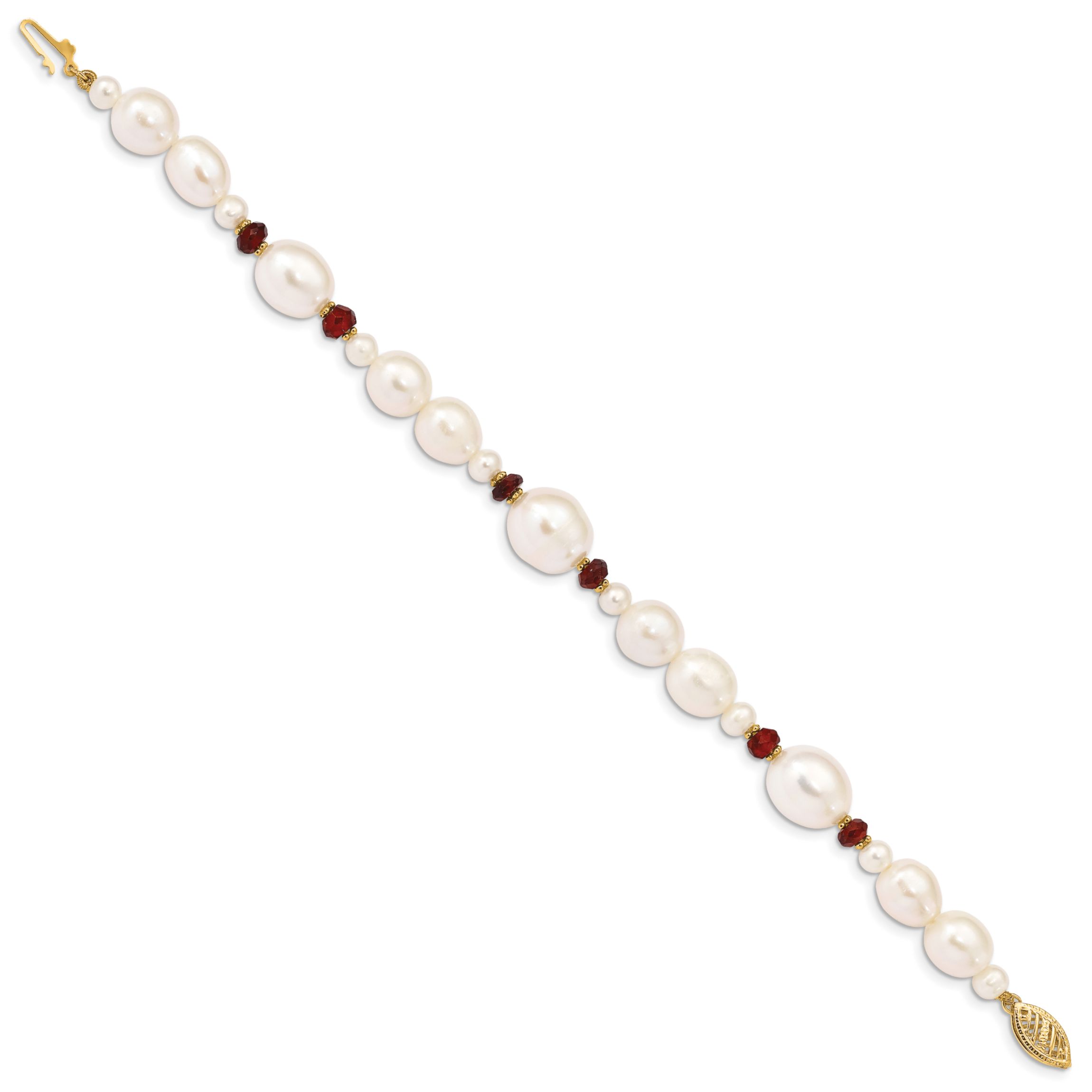 4 ct. t.w. Garnet and White Freshwater Cultured Pearl Faceted Bead Bracelet in 14K Yellow Gold