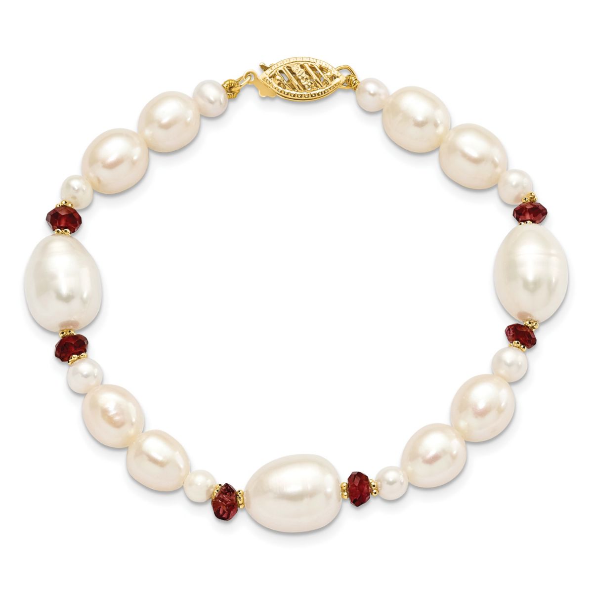 4 ct. t.w. Garnet and White Freshwater Cultured Pearl Faceted Bead Bracelet in 14K Yellow Gold