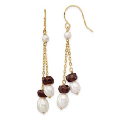 4 ct. t.w. Garnet and White Freshwater Cultured Pearl Double Chain Dangle Earrings in 14K Yellow Gold