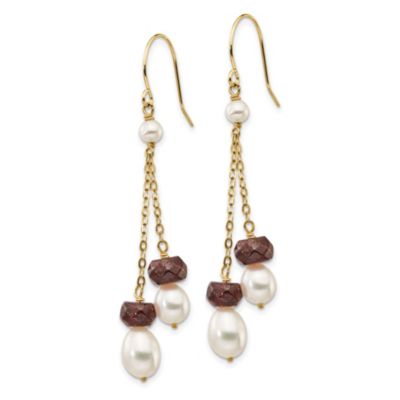 4 ct. t.w. Garnet and White Freshwater Cultured Pearl Double Chain Dangle Earrings in 14K Yellow Gold