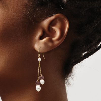 4 ct. t.w. Garnet and White Freshwater Cultured Pearl Double Chain Dangle Earrings in 14K Yellow Gold