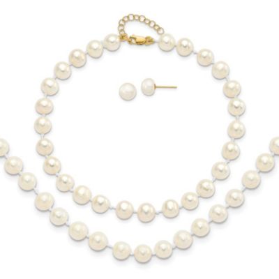 Belk & Co 14K Yellow Gold 6-7mm Freshwater Cultured Pearl 7.25 with 1-inch Ext. Bracelet 18-inch with 2-inch Ext. Neck Earring Set