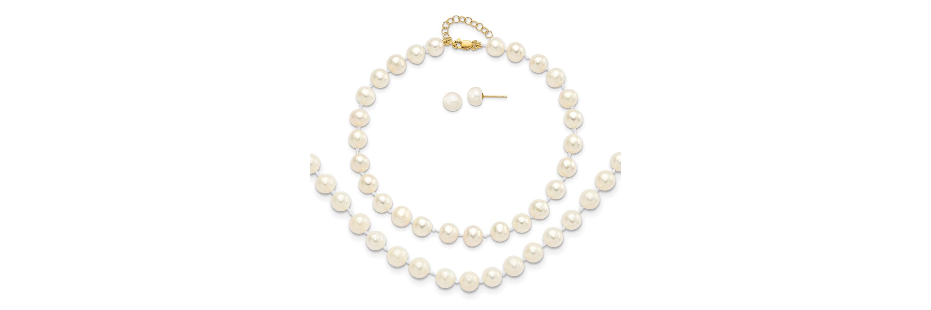 14K Yellow Gold 6-7mm Freshwater Cultured Pearl 7.25 with 1-inch Ext. Bracelet 18-inch with 2-inch Ext. Neck Earring Set