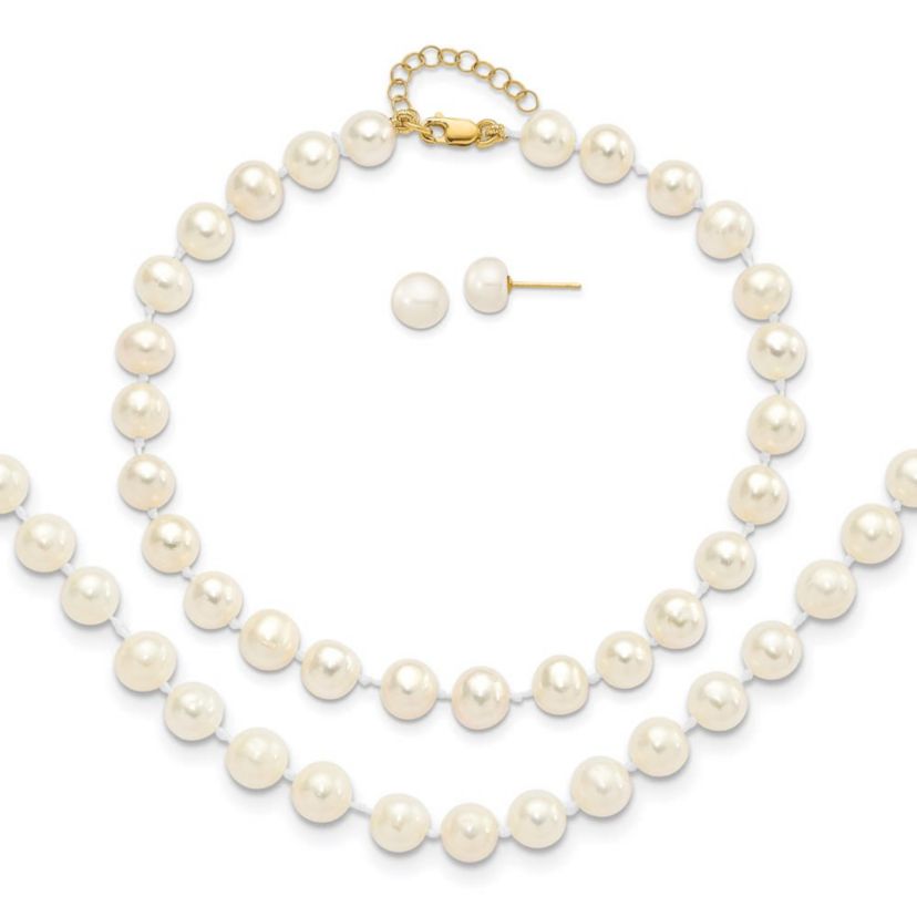 14K Yellow Gold 6-7mm Freshwater Cultured Pearl 7.25 with 1-inch Ext. Bracelet 18-inch with 2-inch Ext. Neck Earring Set