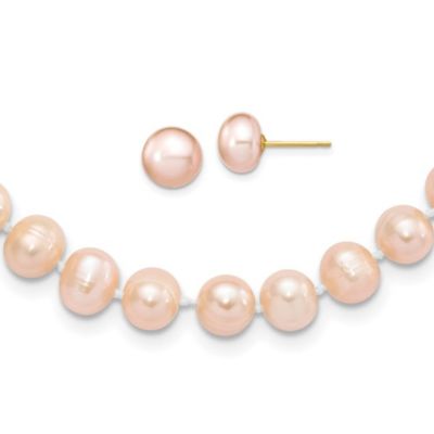 Belk & Co 14K Yellow Gold 7-8mm Near Round Pink Freshwater Cultured Pearl Necklace and Button Earring Set