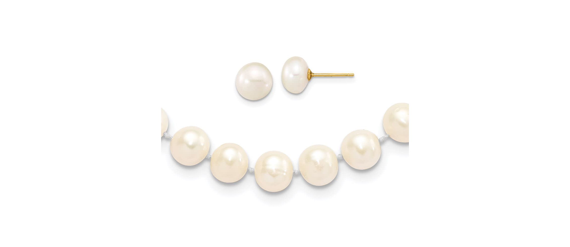 14K Yellow Gold 7-8mm Near Round White Freshwater Cultured Pearl Necklace and Button Earring Set