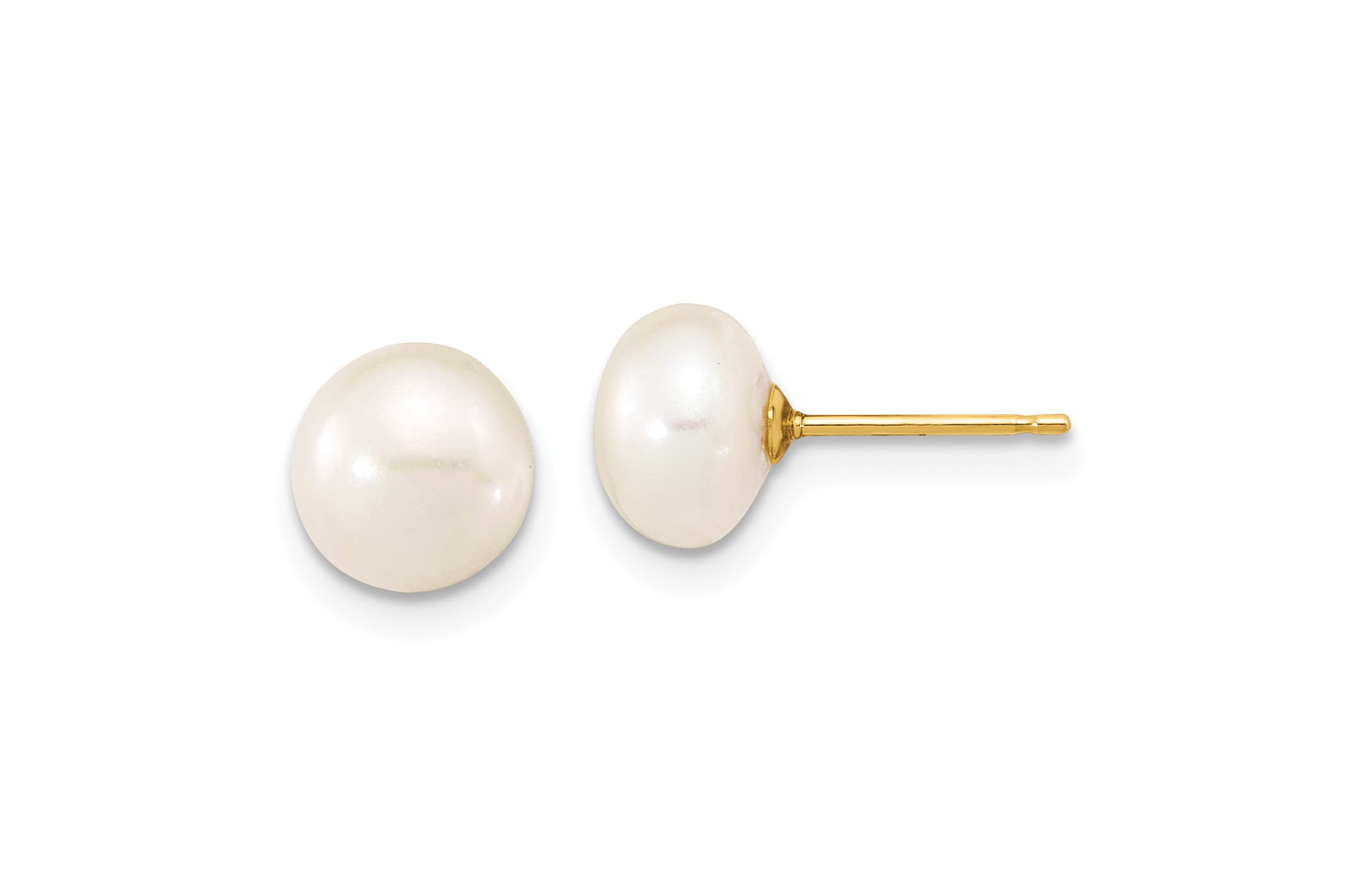 14K Yellow Gold 7-8mm Near Round White Freshwater Cultured Pearl Necklace and Button Earring Set
