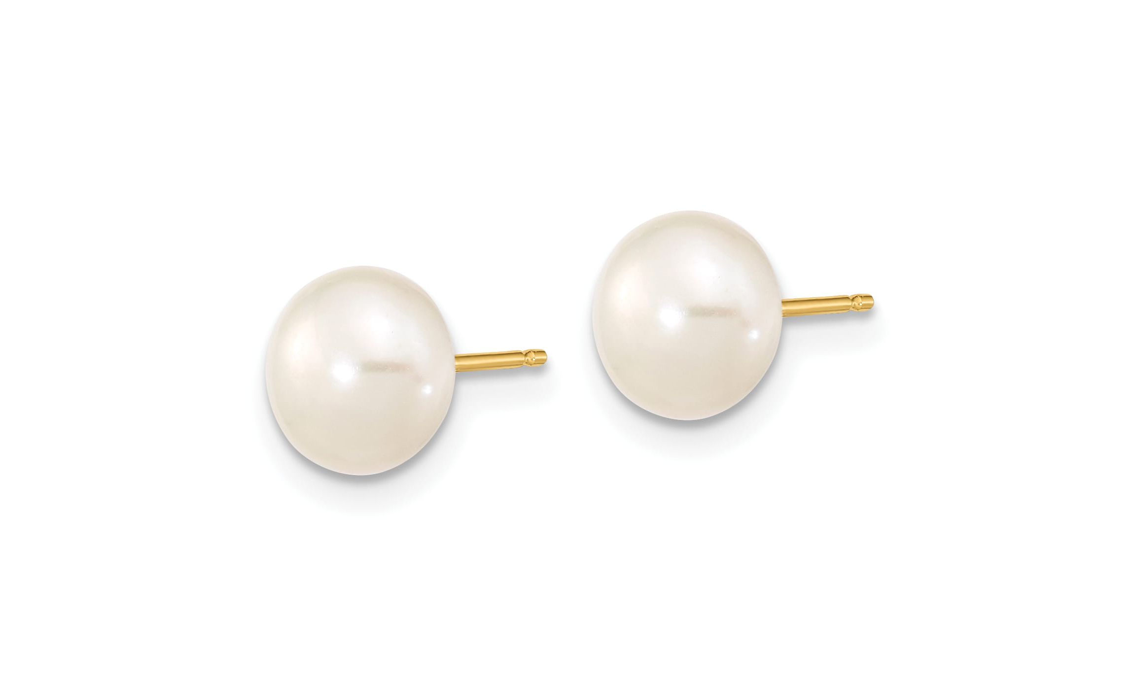 14K Yellow Gold 7-8mm Near Round White Freshwater Cultured Pearl Necklace and Button Earring Set