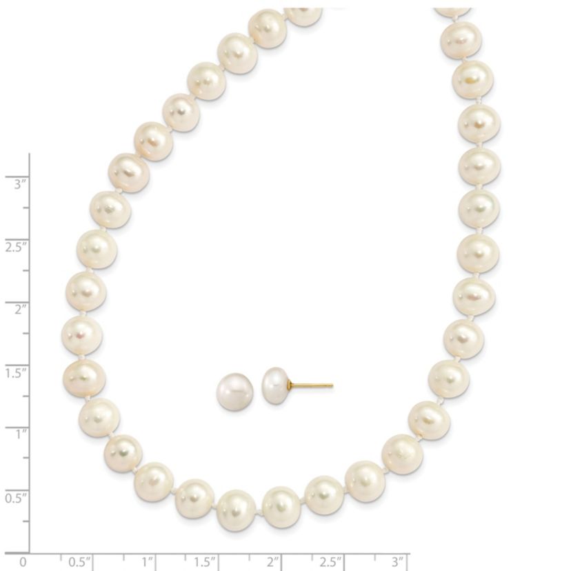 14K Yellow Gold 7-8mm Near Round White Freshwater Cultured Pearl Necklace and Button Earring Set