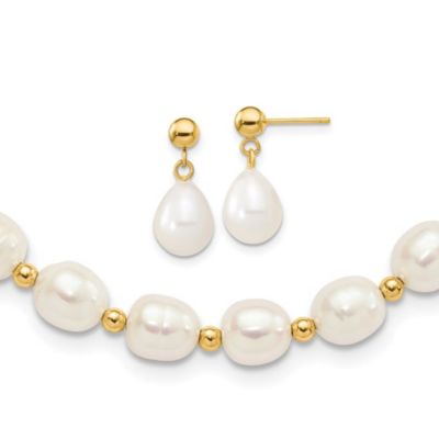 Belk & Co 14K Yellow Gold 7-8mm White Freshwater Cultured Pearl Necklace and Bead Post Earring Set
