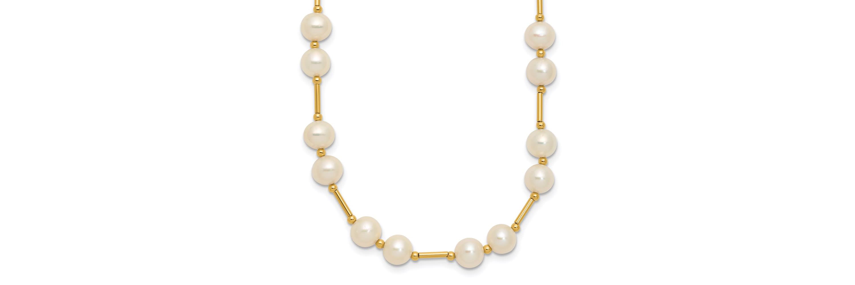 14K Yellow Gold 6-7mm White Near Round Freshwater Cultured Pearl Bead Necklace