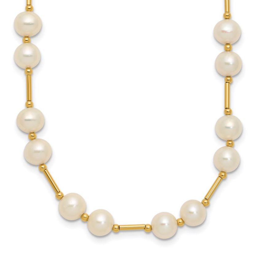 14K Yellow Gold 6-7mm White Near Round Freshwater Cultured Pearl Bead Necklace