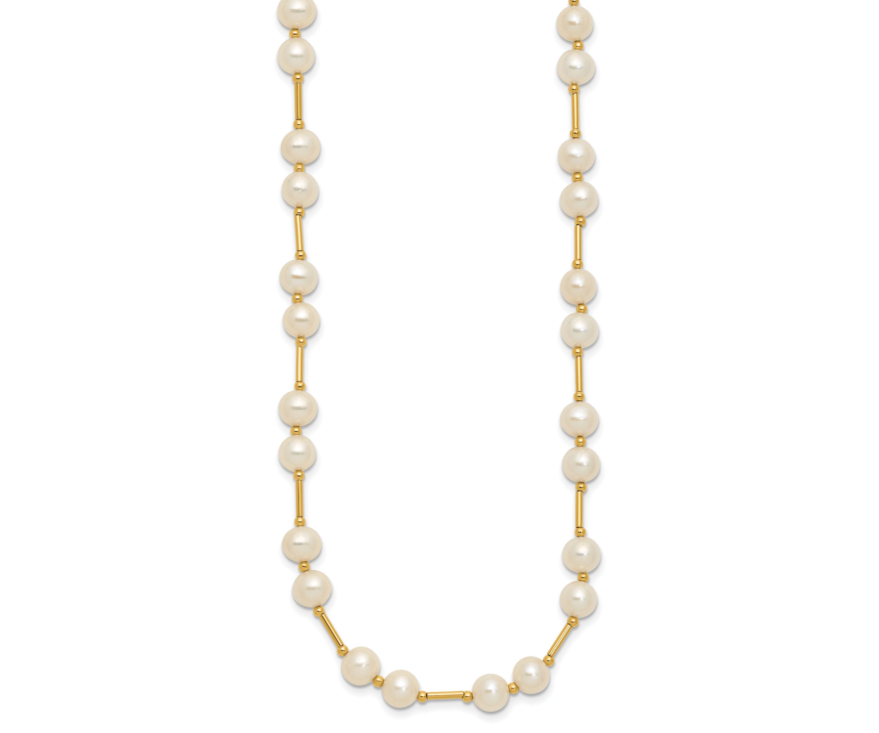 14K Yellow Gold 6-7mm White Near Round Freshwater Cultured Pearl Bead Necklace