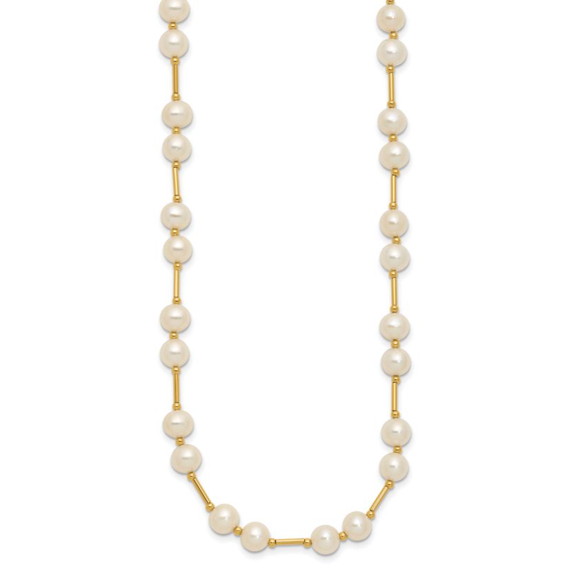14K Yellow Gold 6-7mm White Near Round Freshwater Cultured Pearl Bead Necklace