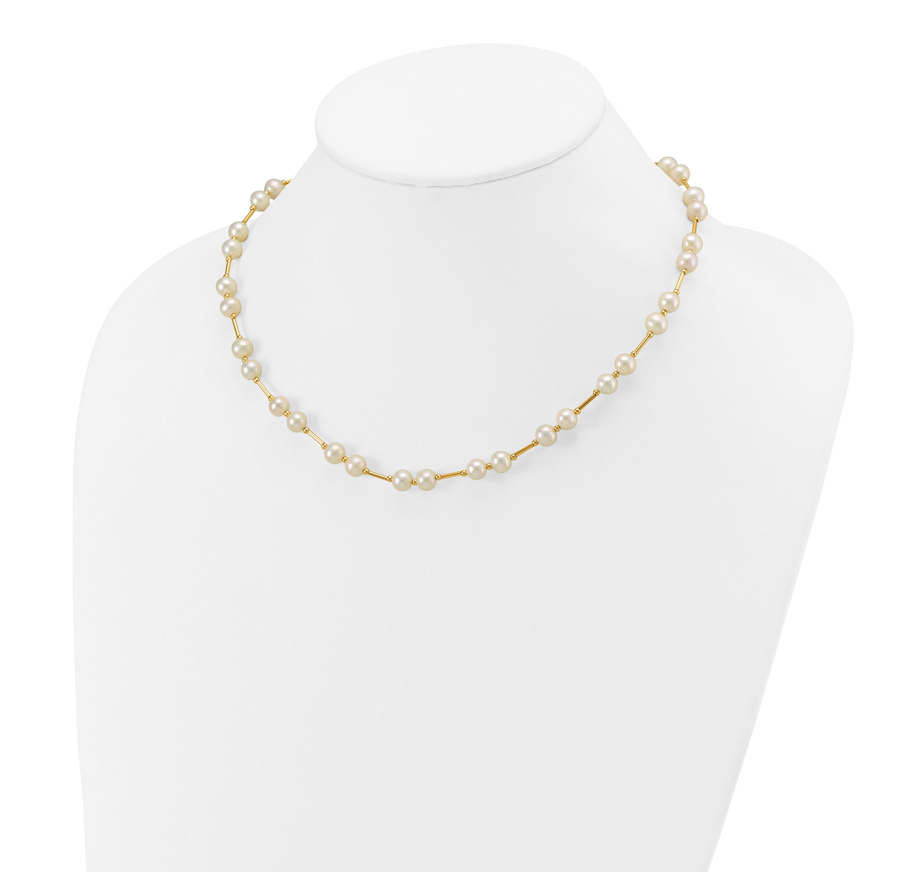 14K Yellow Gold 6-7mm White Near Round Freshwater Cultured Pearl Bead Necklace