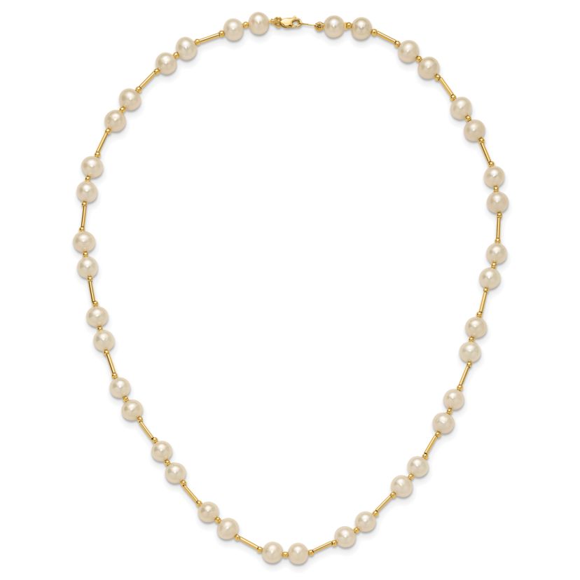14K Yellow Gold 6-7mm White Near Round Freshwater Cultured Pearl Bead Necklace