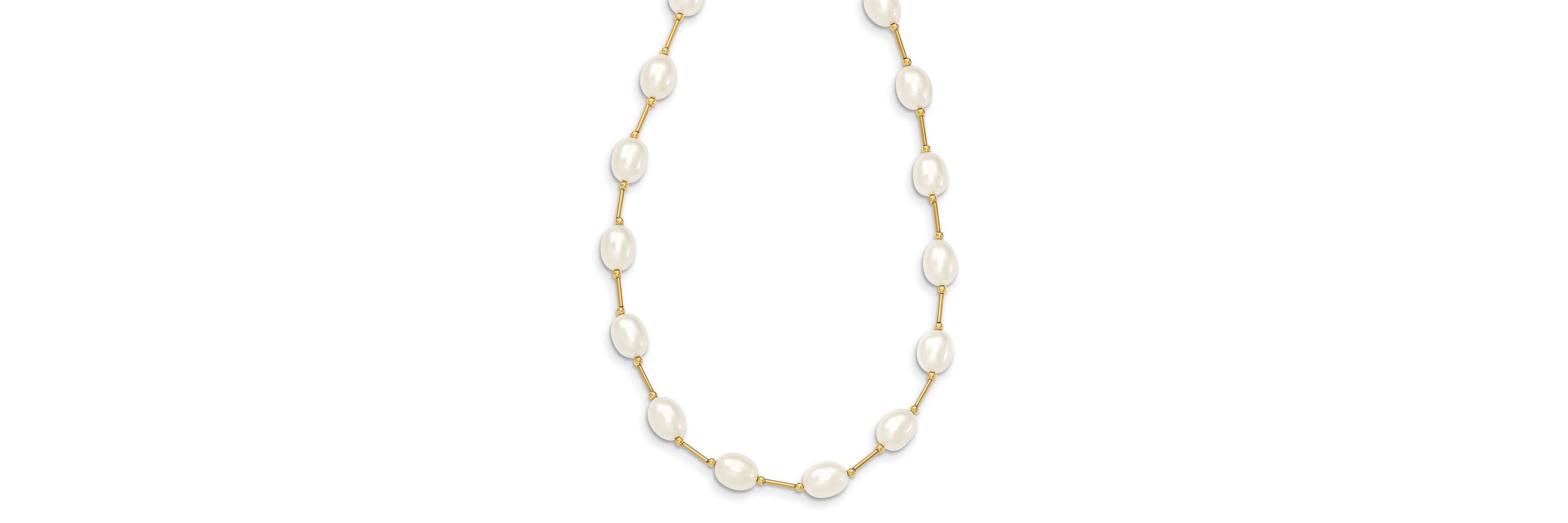 14K Yellow Gold 7-8mm White Rice Freshwater Cultured Pearl Bead Necklace