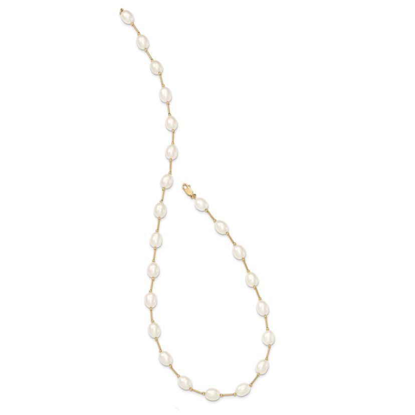 14K Yellow Gold 7-8mm White Rice Freshwater Cultured Pearl Bead Necklace