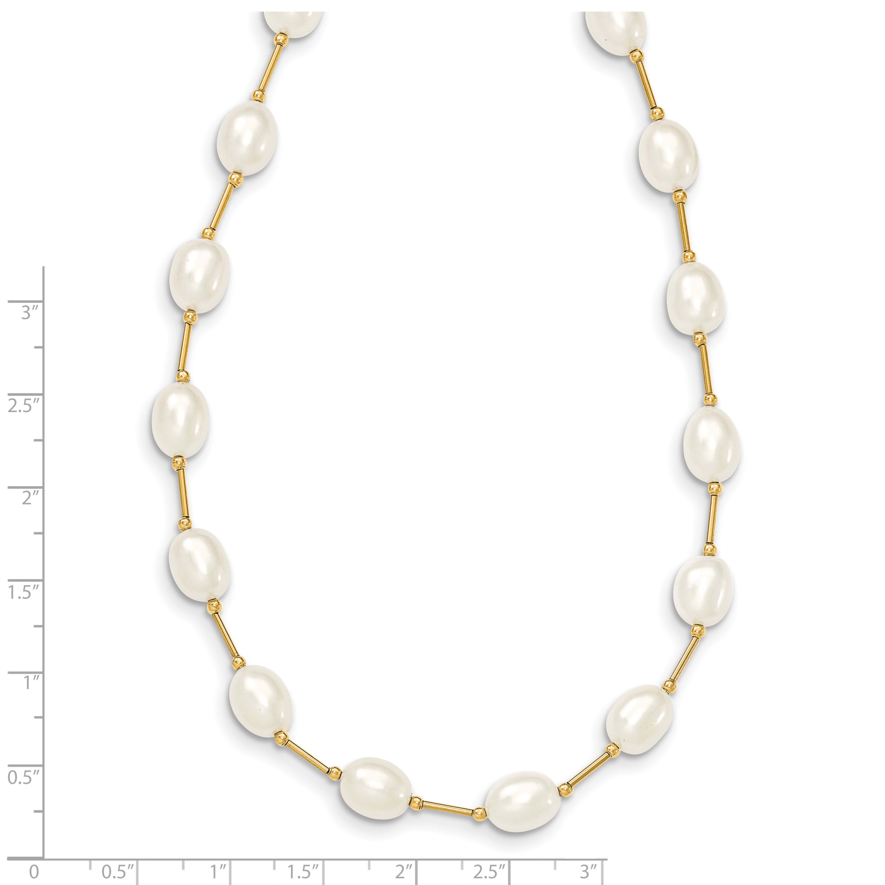 14K Yellow Gold 7-8mm White Rice Freshwater Cultured Pearl Bead Necklace