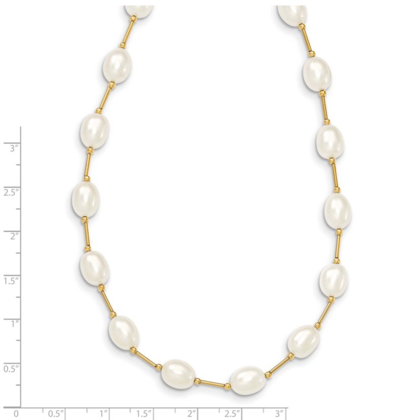 14K Yellow Gold 7-8mm White Rice Freshwater Cultured Pearl Bead Necklace