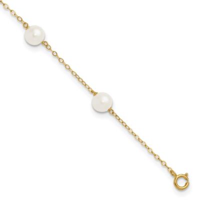 14K Yellow Gold 6-7mm White Near Round Freshwater Cultured Pearl 6-station Anklet