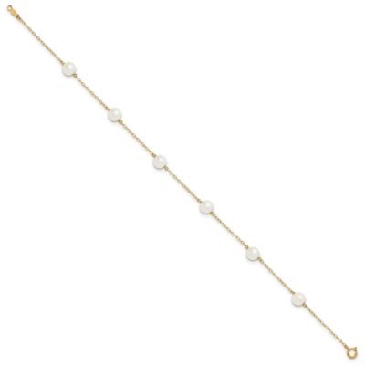 14K Yellow Gold 6-7mm White Near Round Freshwater Cultured Pearl 6-station Anklet